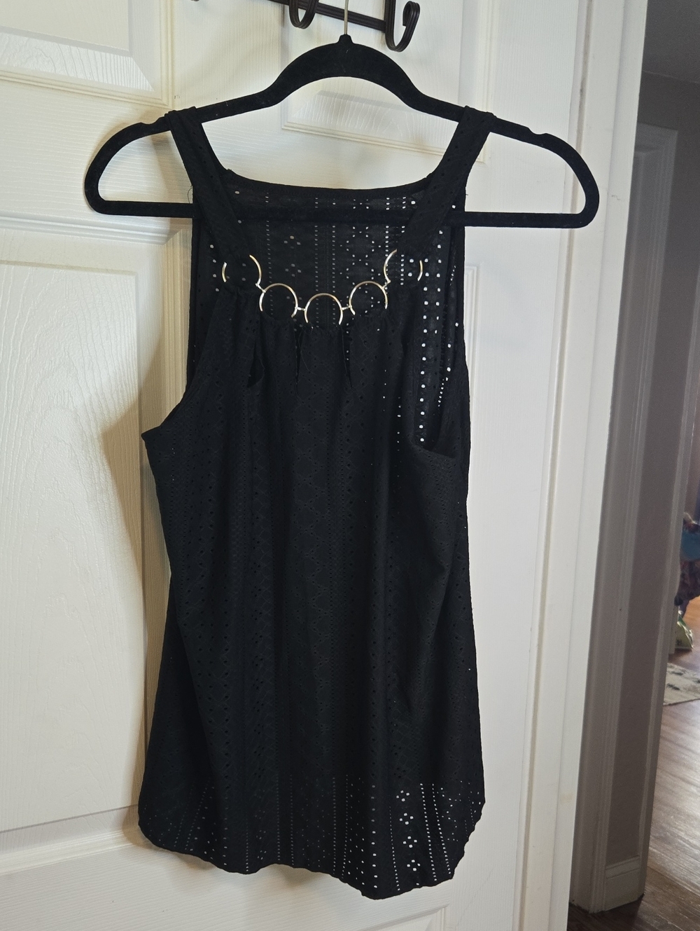 SHEIN Black Eyelet Tank Top with Gold Ring Detail